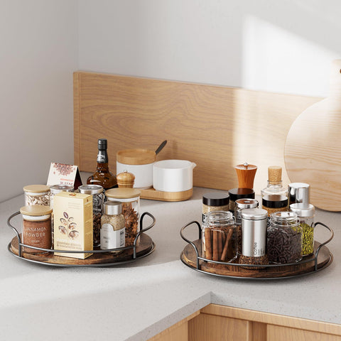 LAMU Lazy Susan wooden 9-inch with-items showing organized pantry setup