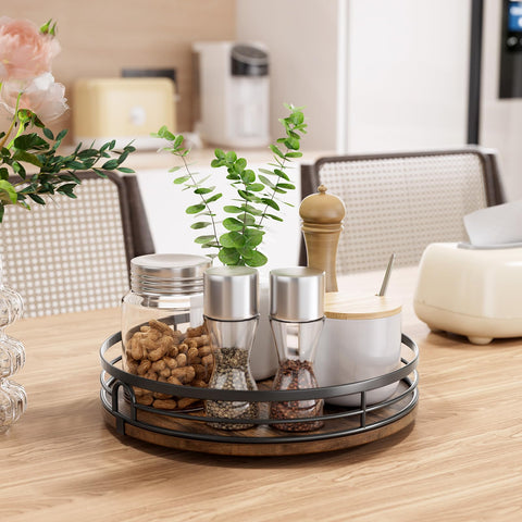 LAMU round wood lazy susan highlights durable construction suitable for kitchen use