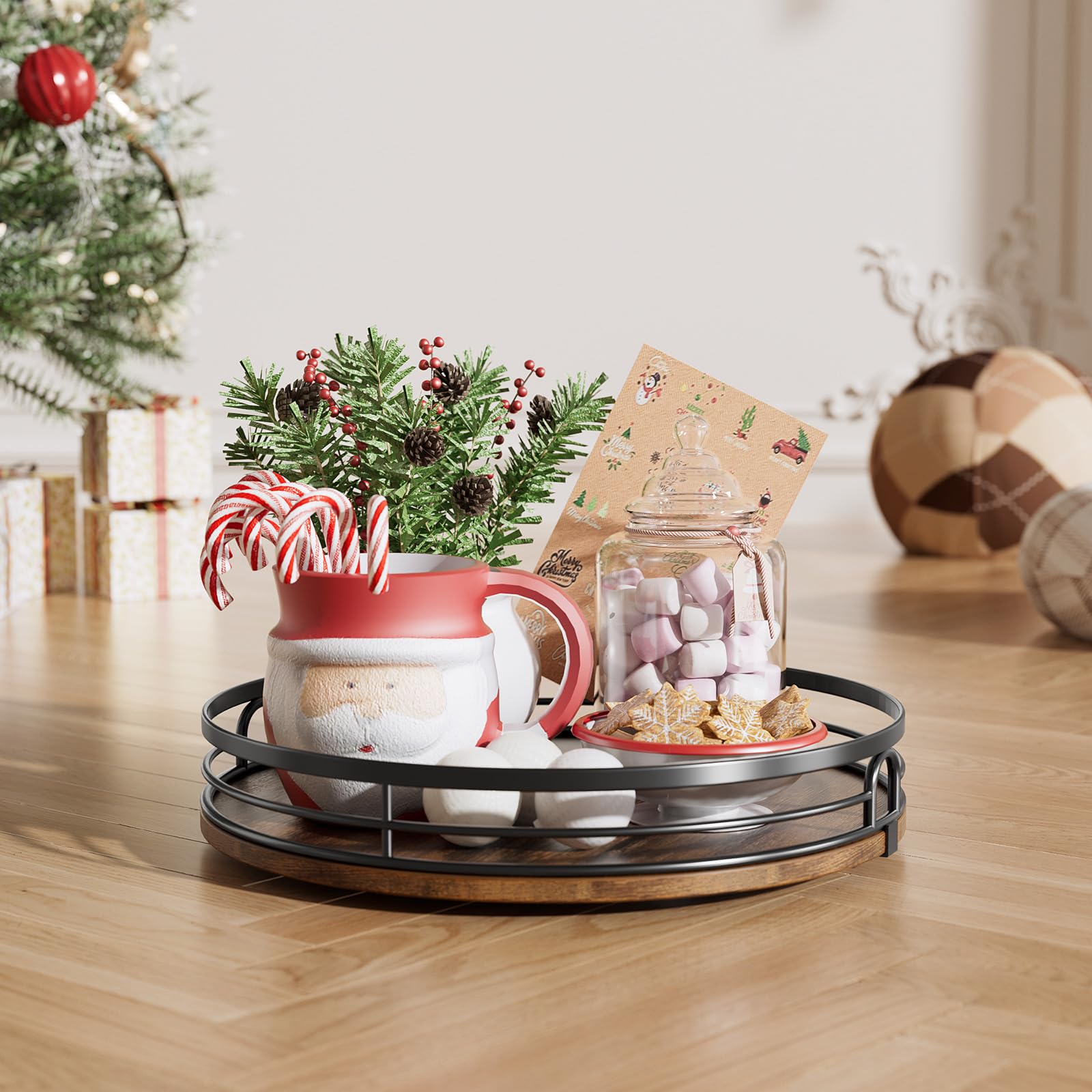 LAMU round wood lazy susan top view showing compact space-saving design.