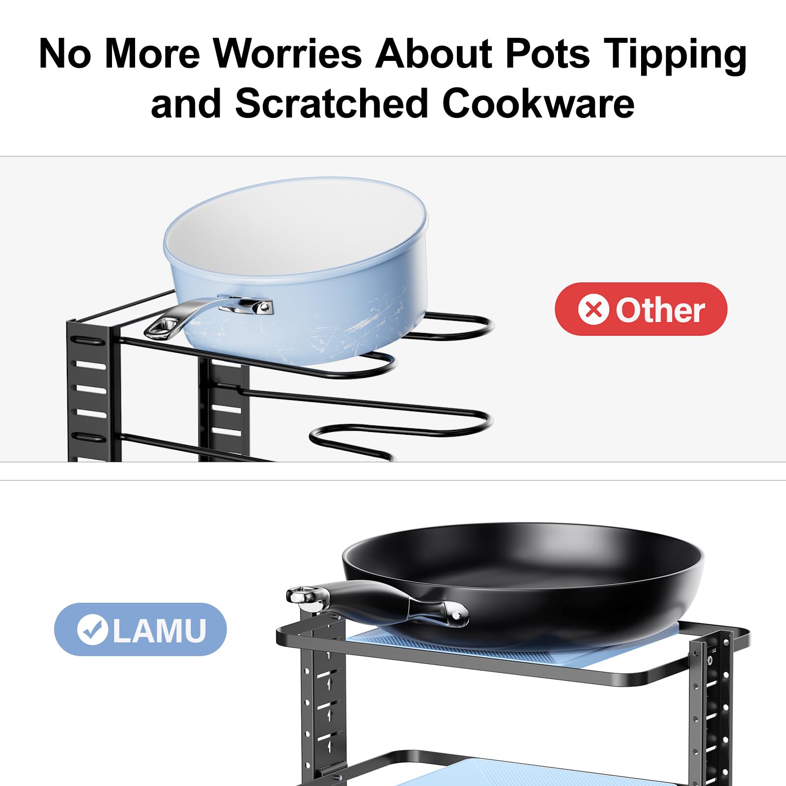 LAMU anti-slip pads prevent tilting and protect cookware surfaces.