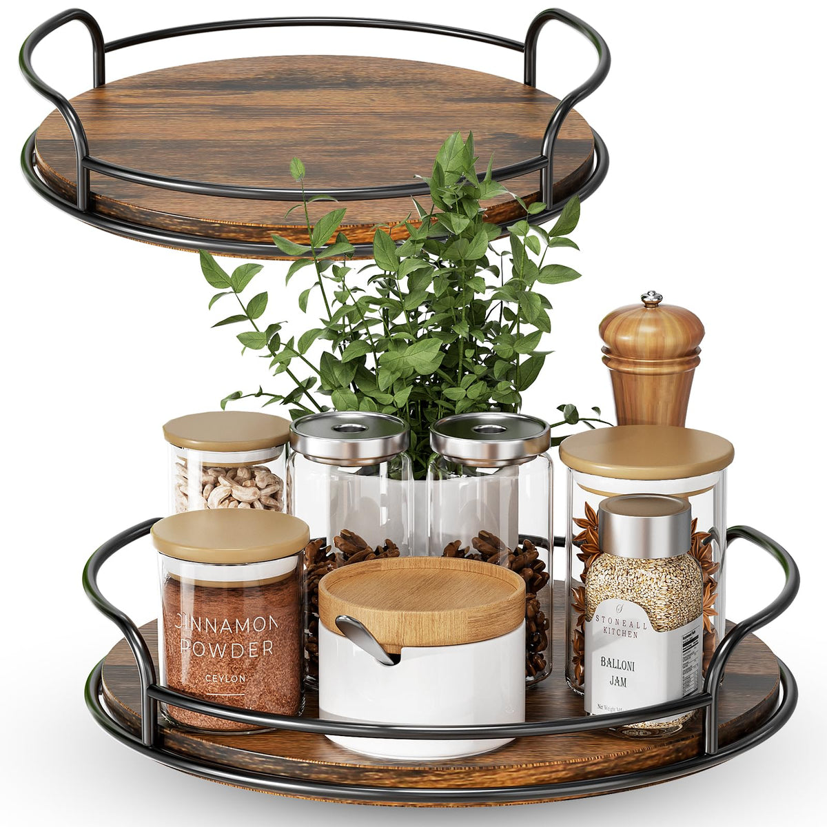 LAMU two-pack wooden Lazy Susans in top view for quick spice access