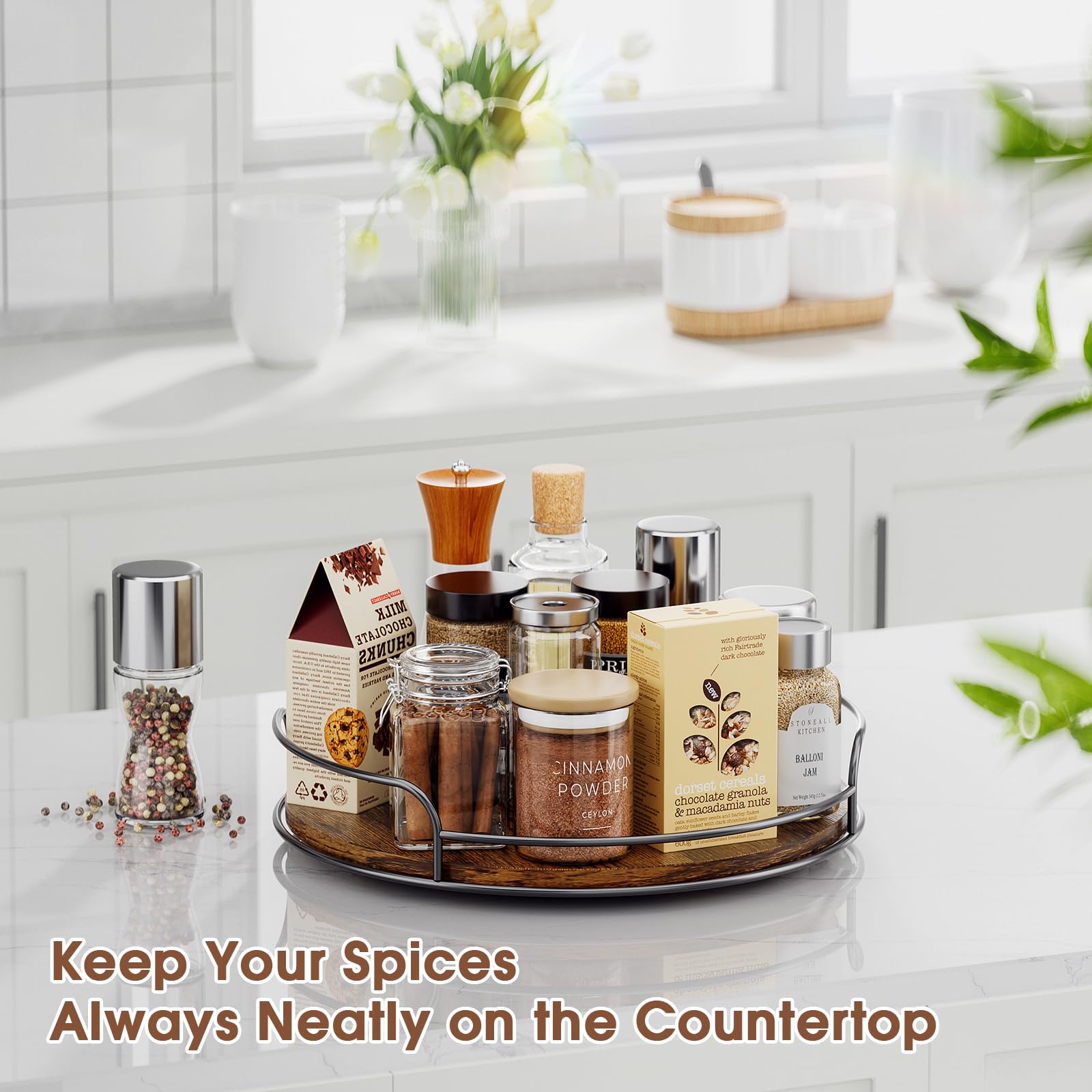 LAMU wooden Lazy Susan on countertop enhances meal prep with smooth rotation