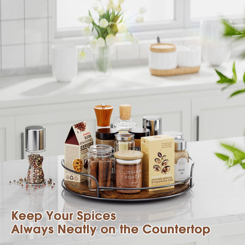 LAMU wooden Lazy Susan on countertop enhances meal prep with smooth rotation