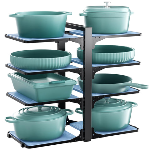LAMU under-cabinet organizer with eight adjustable tiers keeps cookware accessible.