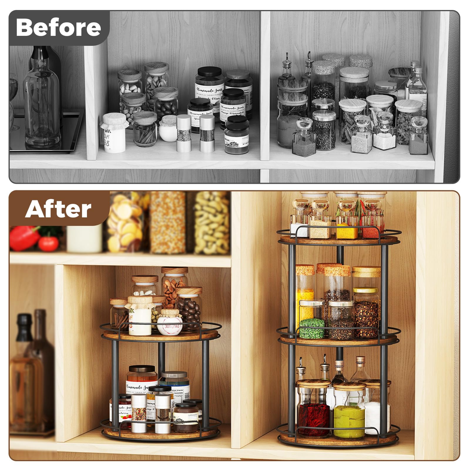 LAMU wood lazy Susan on countertop makes spices easy to reach