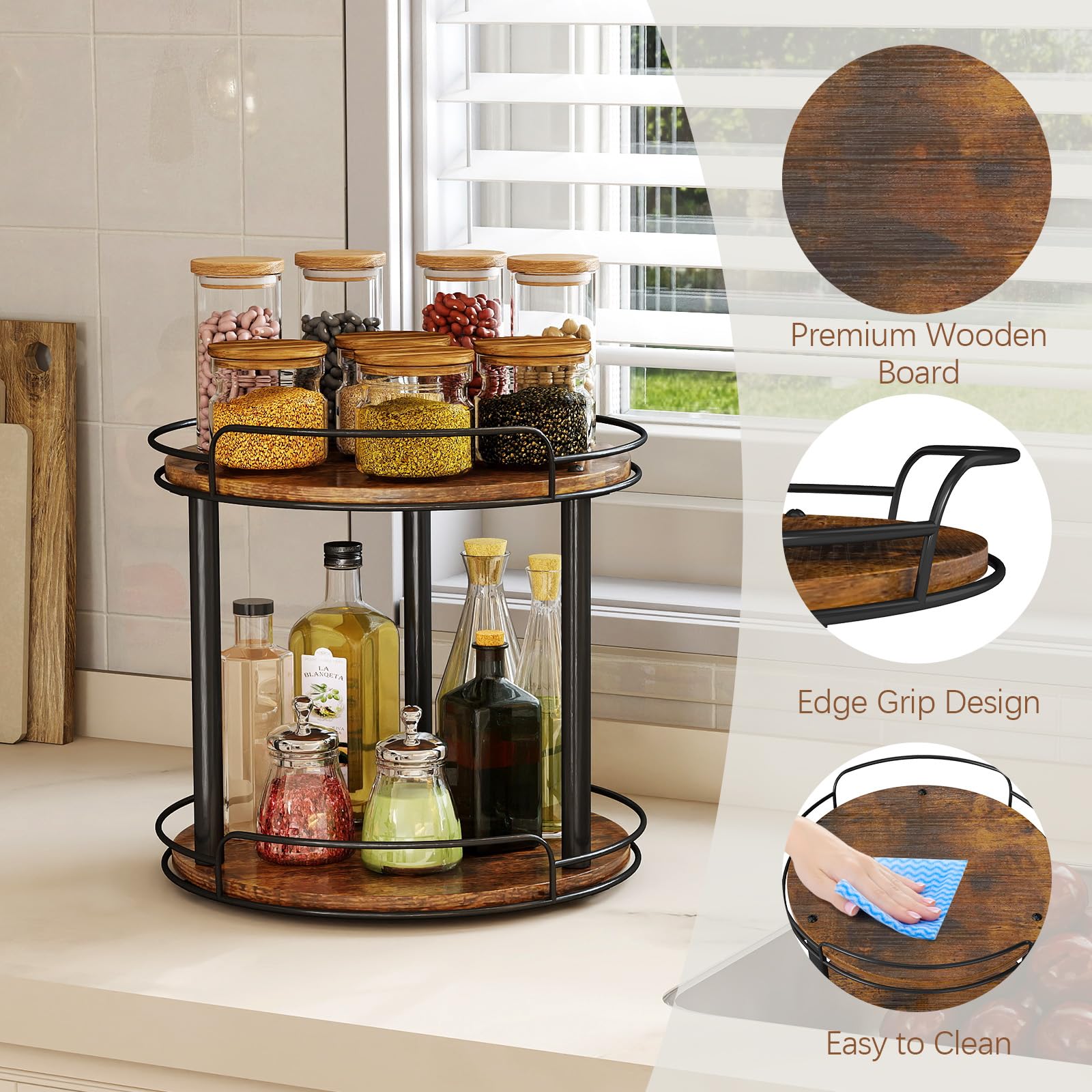 LAMU wood lazy Susan side angle highlights easy access from any shelf