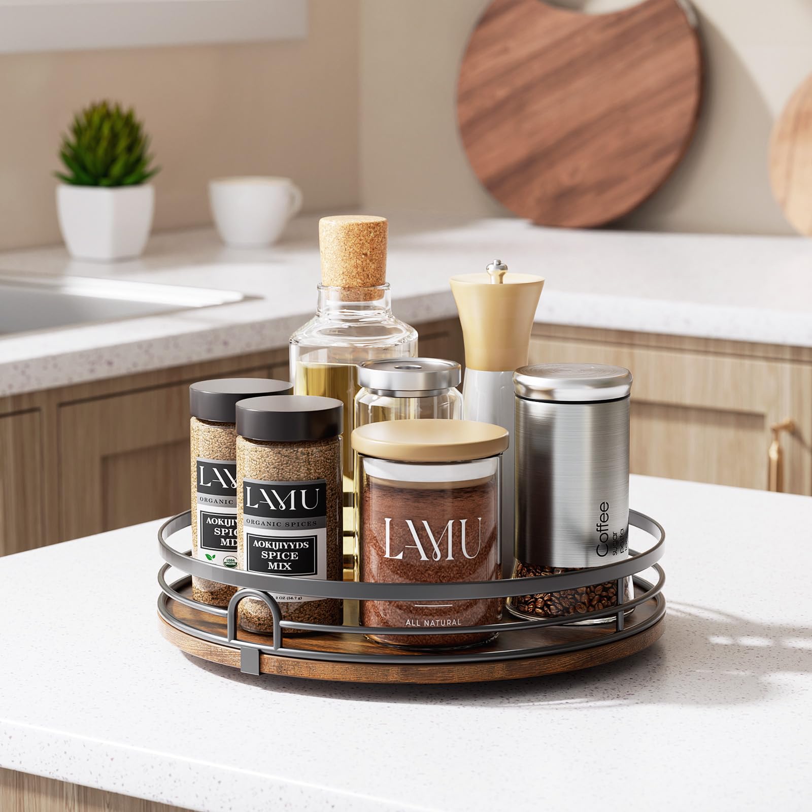 LAMU wood-metal construction lazy susan emphasizes rustic charm and durability