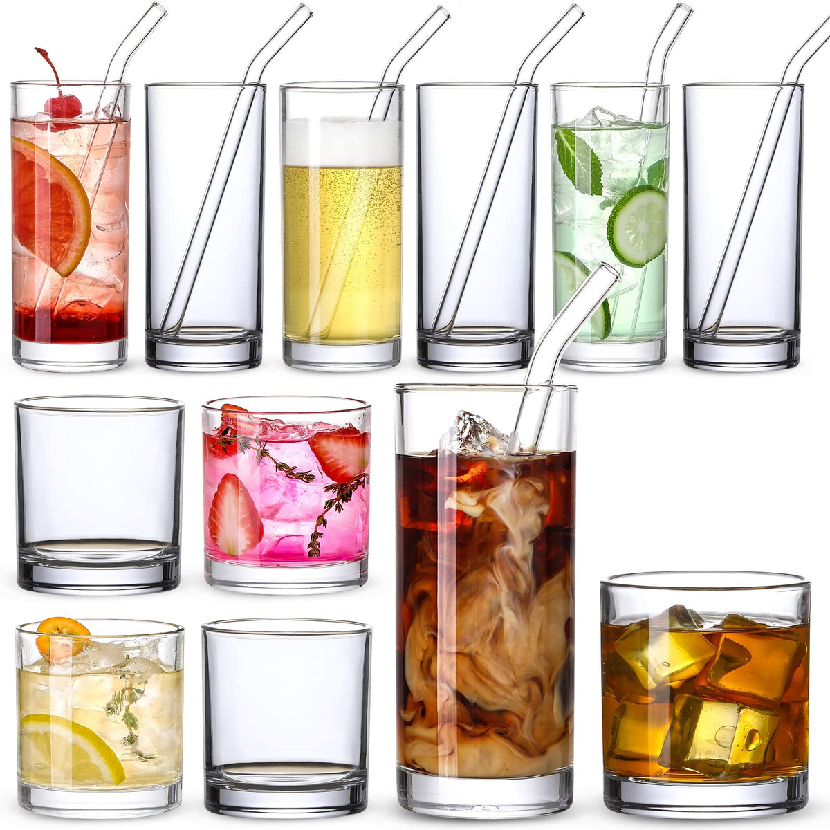 LANDNEOO 12-pack glass cups with glass straws for stylish beverages at home