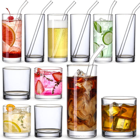 LANDNEOO 12-pack glass cups with glass straws for stylish beverages at home