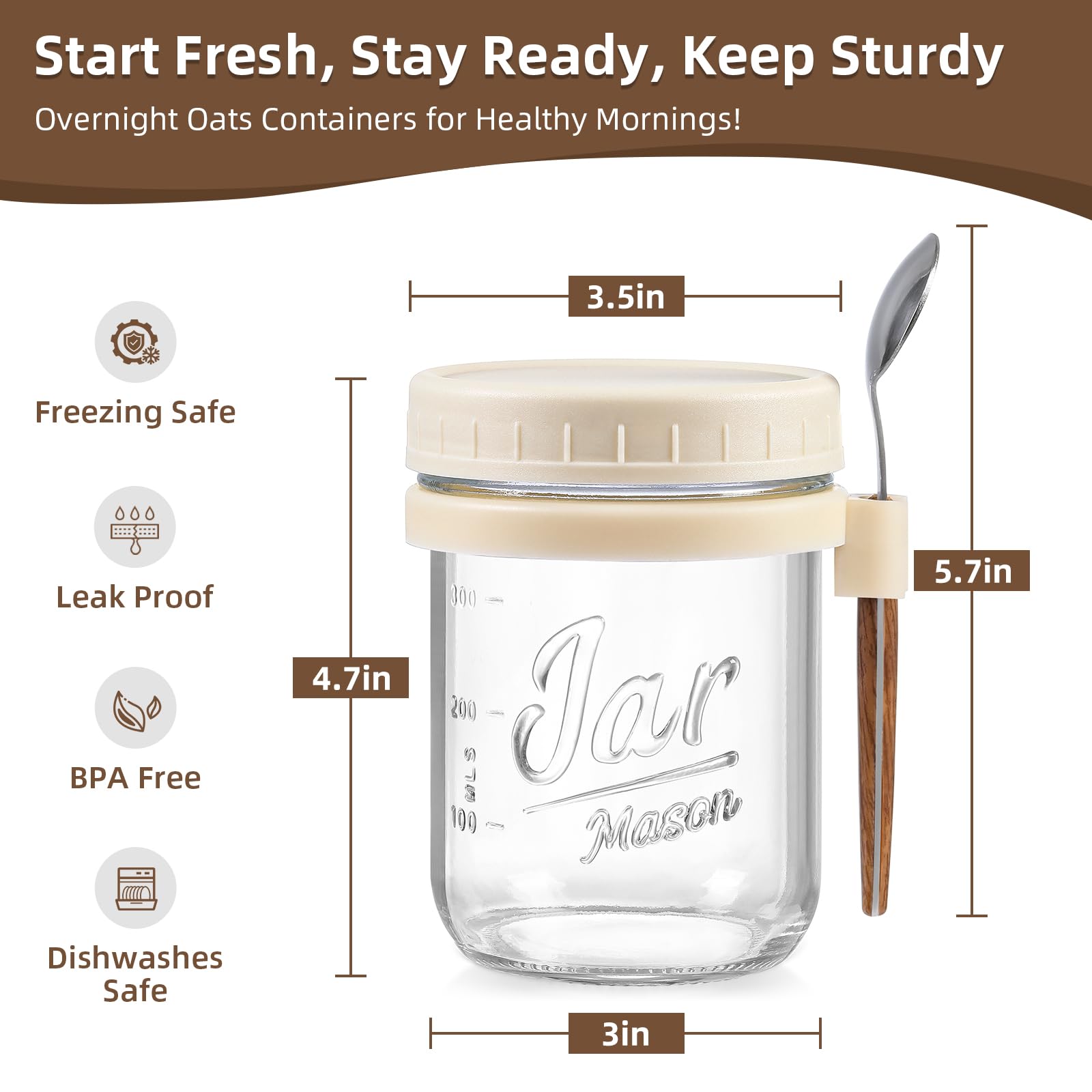 LANDNEOO 16 oz glass mason jar with airtight lid for make-ahead breakfasts