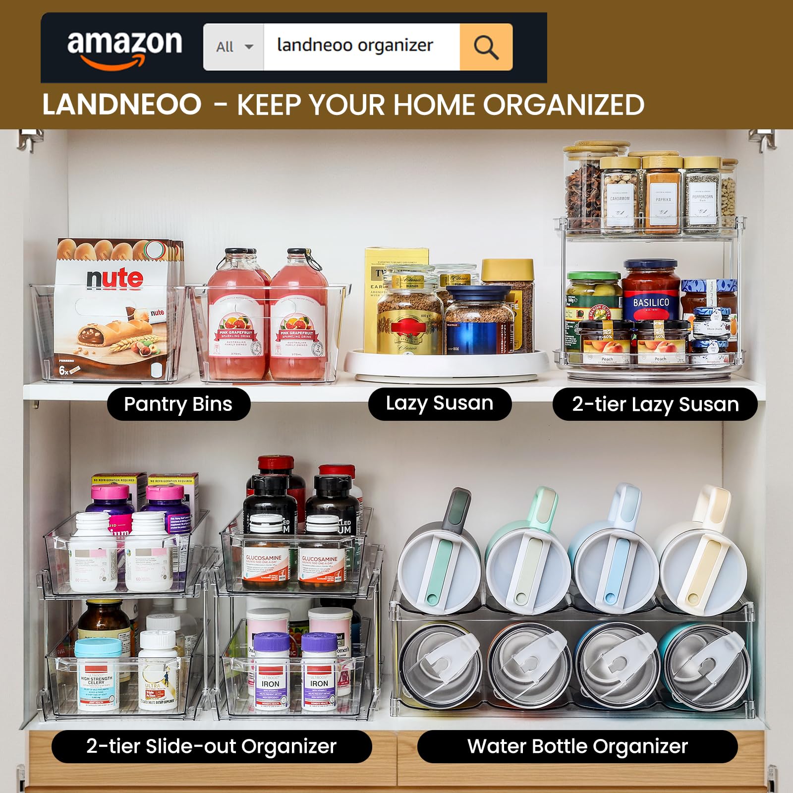 LANDNEOO 2-Tier Lazy Susan pantry shelf with jars
