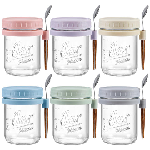 LANDNEOO 6-pack overnight oats containers lids spoons – durable set for grab-and-go breakfasts.