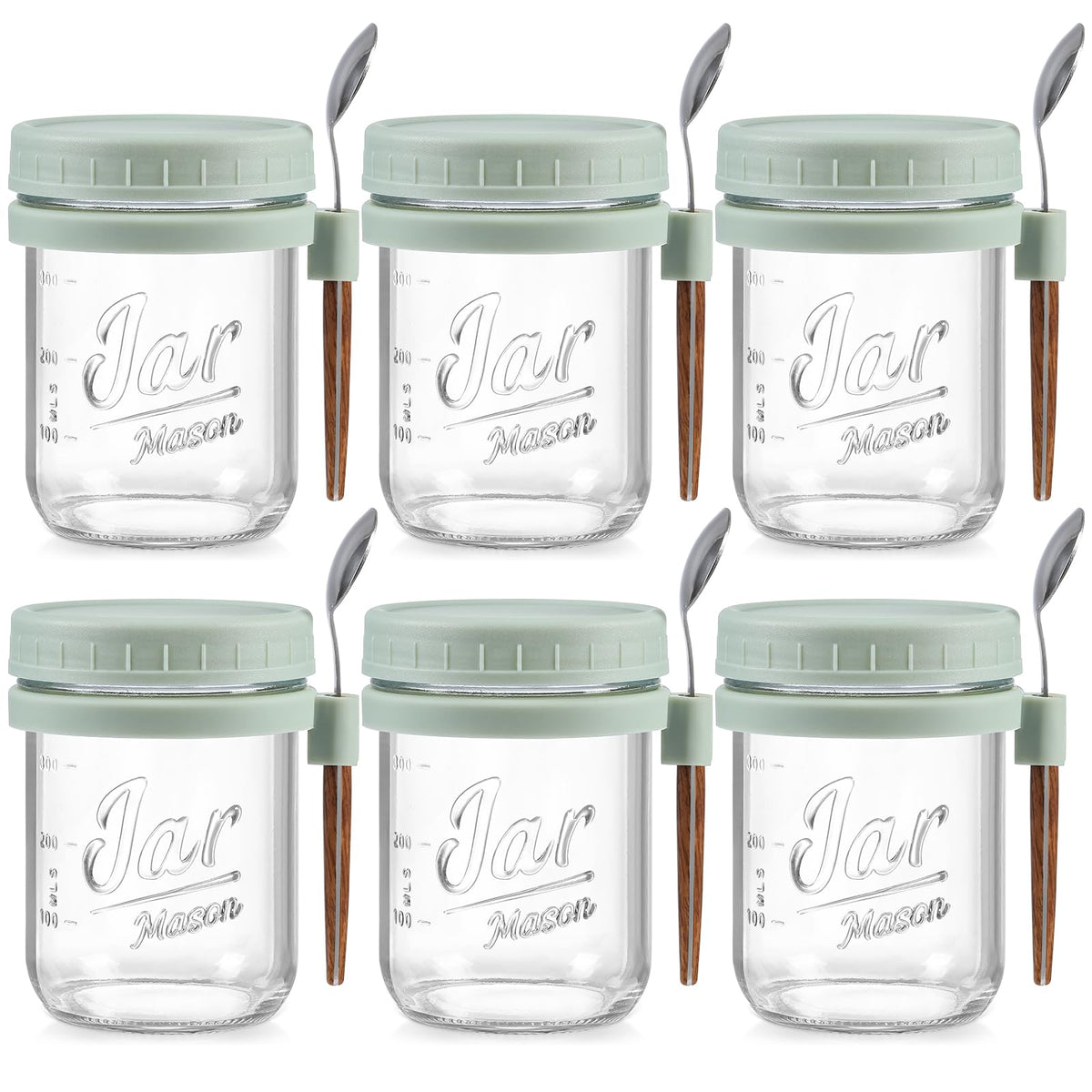 LANDNEOO 6-pack overnight oats jars in green with 16 oz capacity for meal prep.