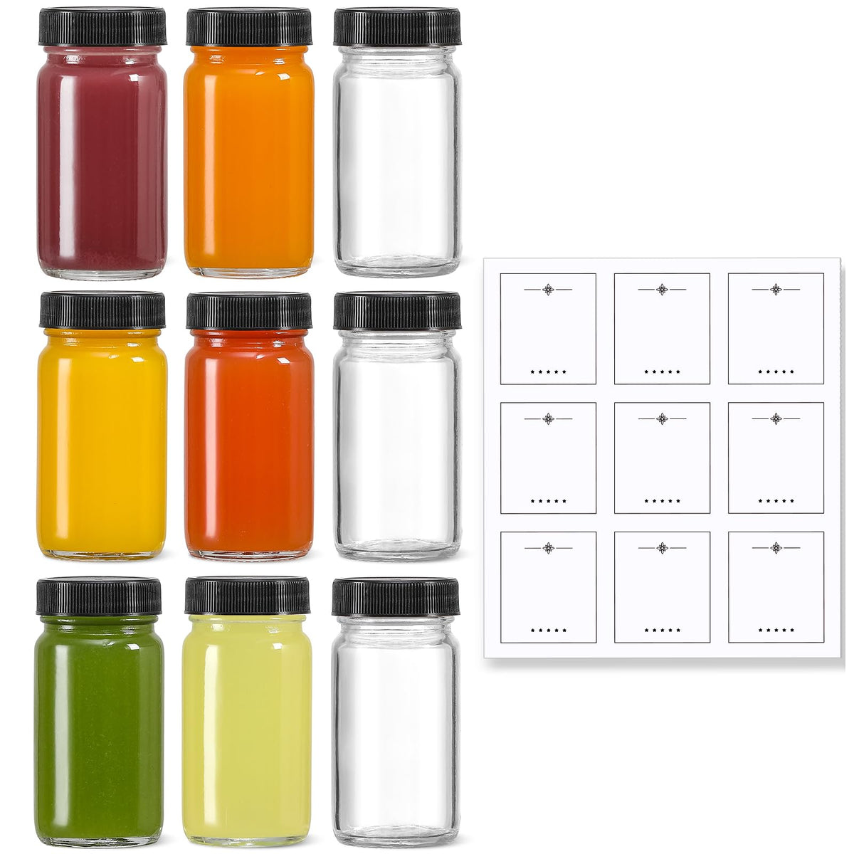 LANDNEOO 9-pack 2oz bottle with black lids for portable storage.