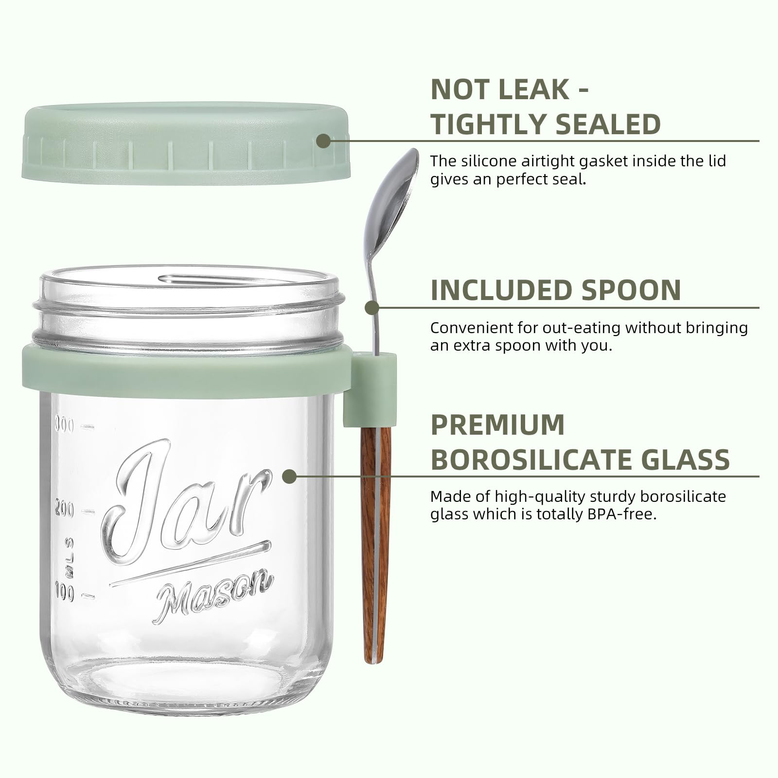 LANDNEOO borosilicate glass jar with PP silicone lid – BPA-free and leak resistant.