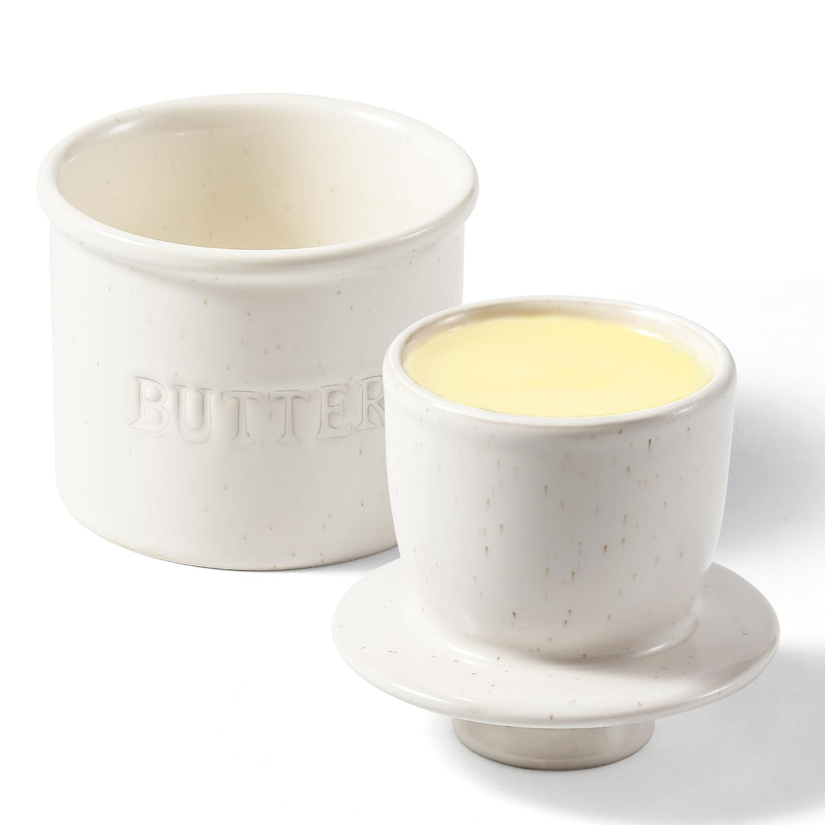 LANDNEOO butter crock with lid on countertop preserves freshness for easy morning spreads.
