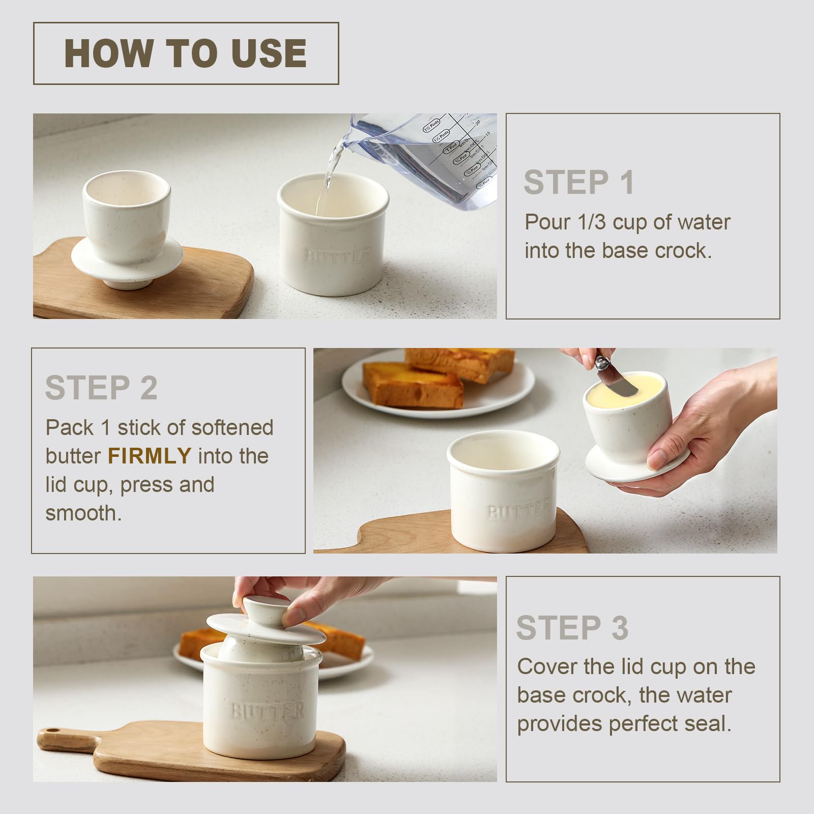 LANDNEOO dishwasher-safe butter crock simplifies cleanup after meals.