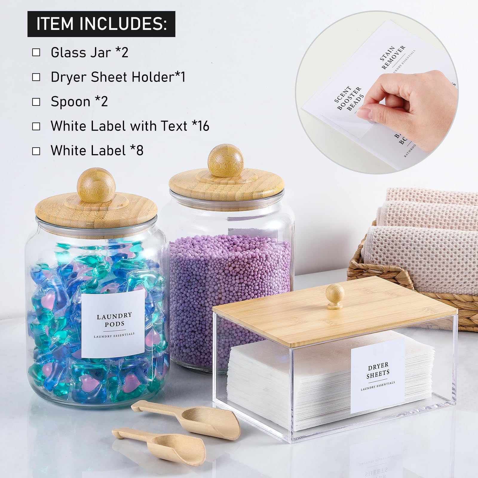 LANDNEOO dryer sheet holder with bamboo lid keeps laundry supplies organized and accessible