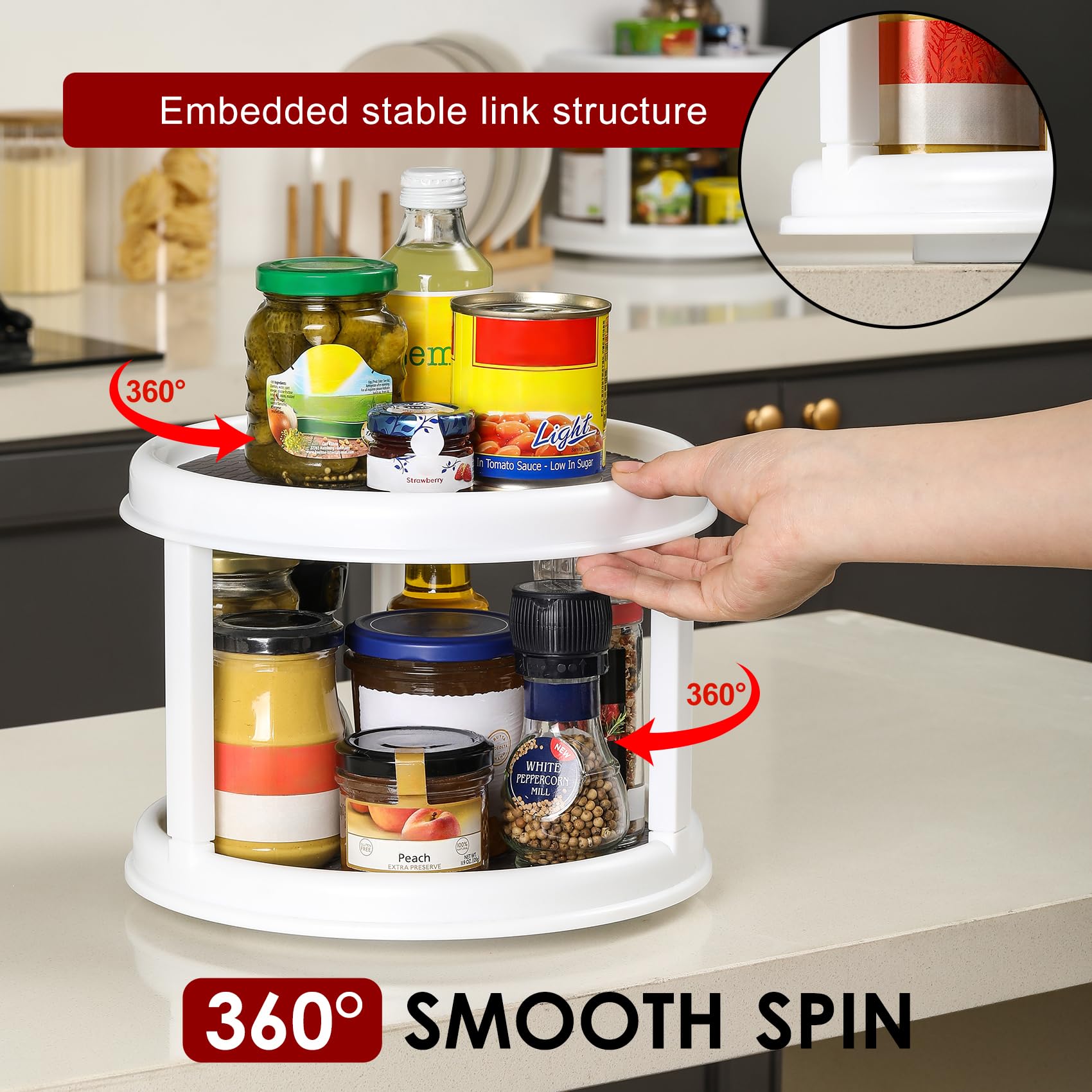 Landneoo two-tier lazy susan on countertop with non-slip base feet for stability.