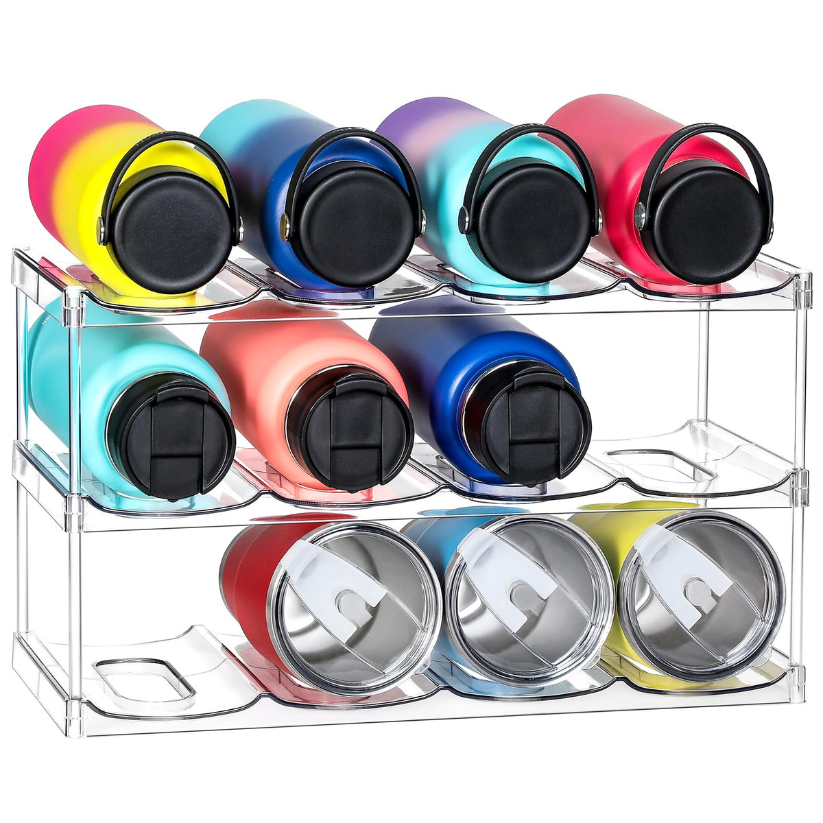 LANDNEOO 3-tier bottle organizer front view holds large 40oz tumblers neatly