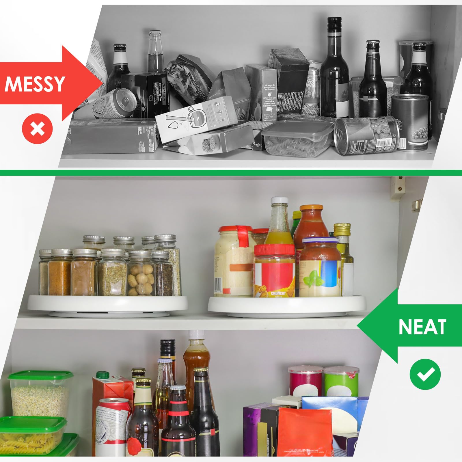 LANDNEOO pantry lazy susan helps organize drinks and snacks for quick grabbing.