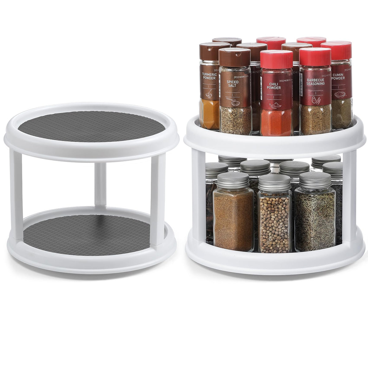 Landneoo two-tier turntable lazy susan on kitchen counter for easy spice access.