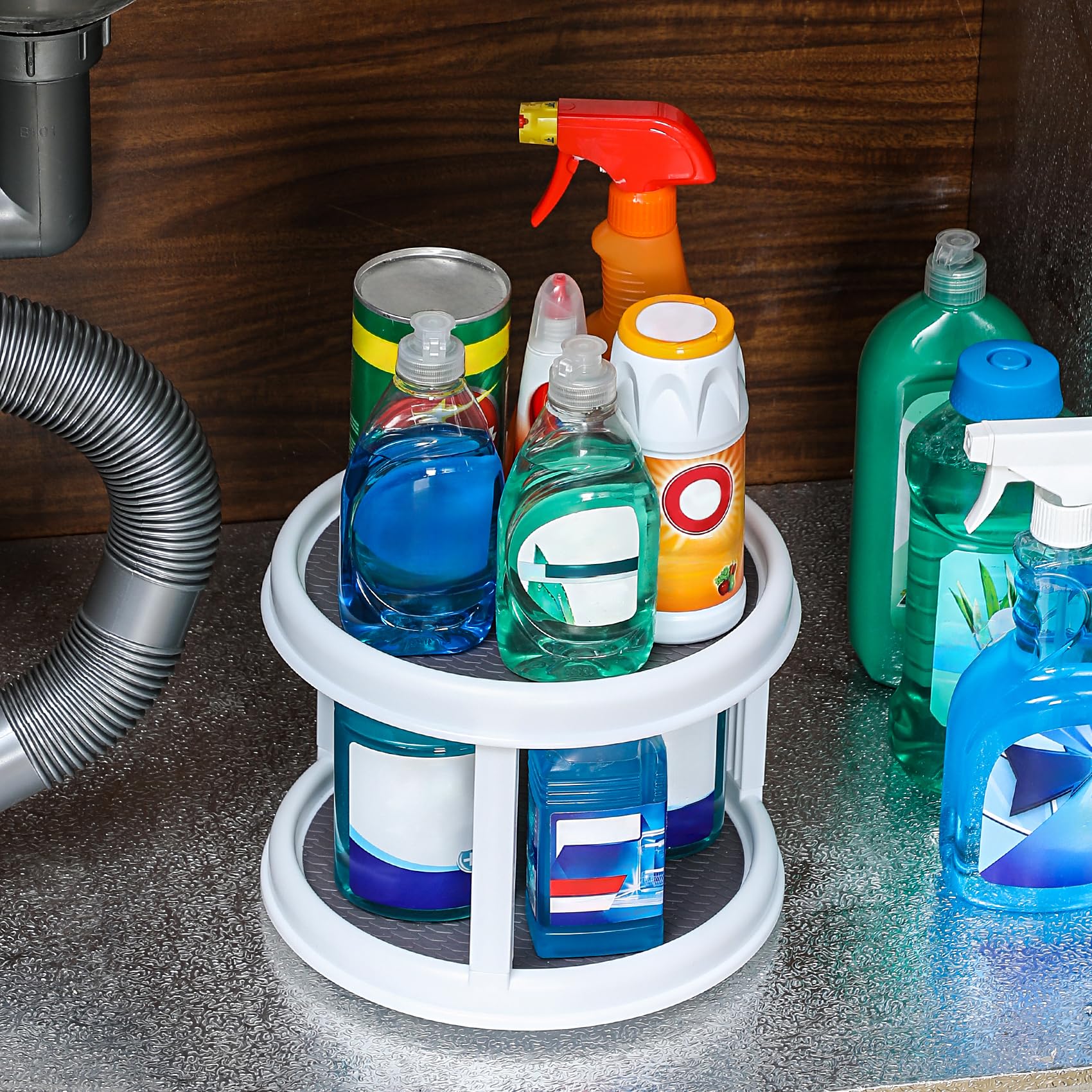 Landneoo vanity cosmetics storage with rotating rack for quick access.