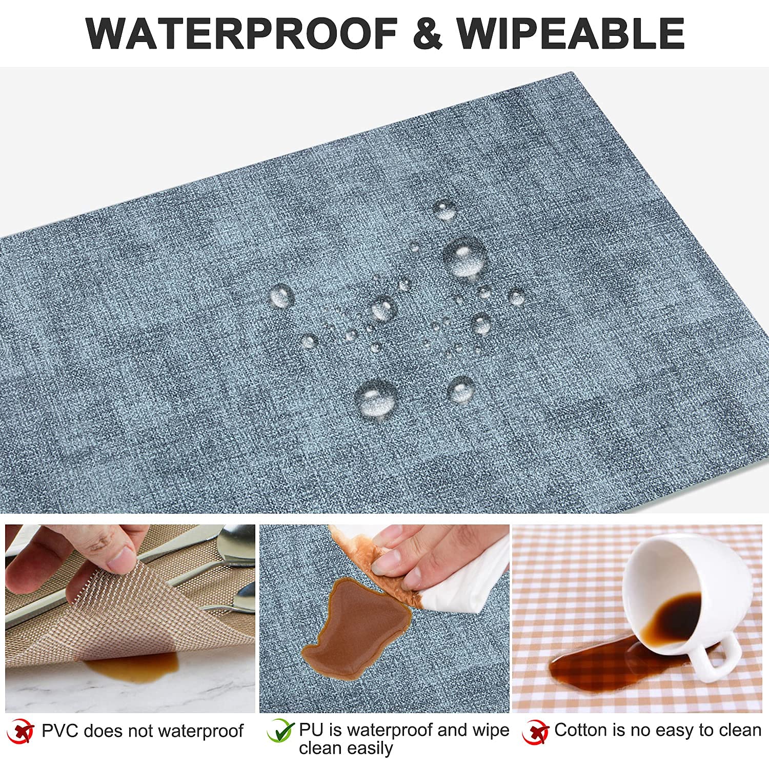 LANDVIEW leather heat-resistant placemats blue heat-test demonstrates practical heat protection up to 100°C.