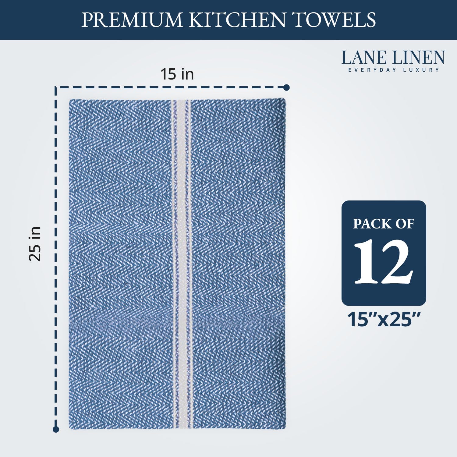 LANE LINEN 12-pack cotton dish towels, durable and lint-free after washing.