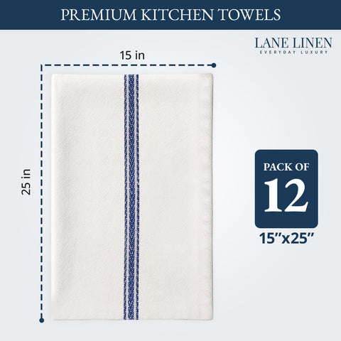 Lane Linen blue stripe kitchen towel in use for spills