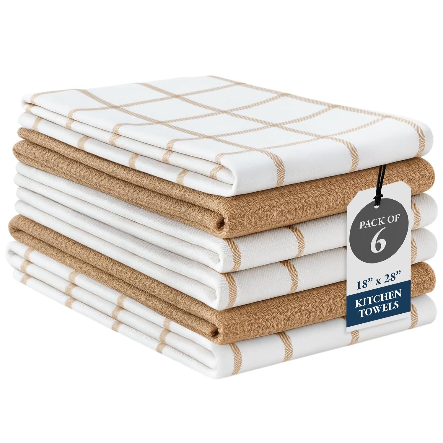 Lane Linen 6-pack beige towels flatlay showing absorbent cotton kitchen essentials.