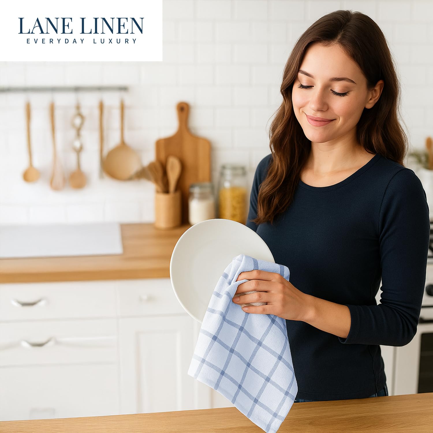 Lane Linen Indigo towels presented as a gift for home cooks