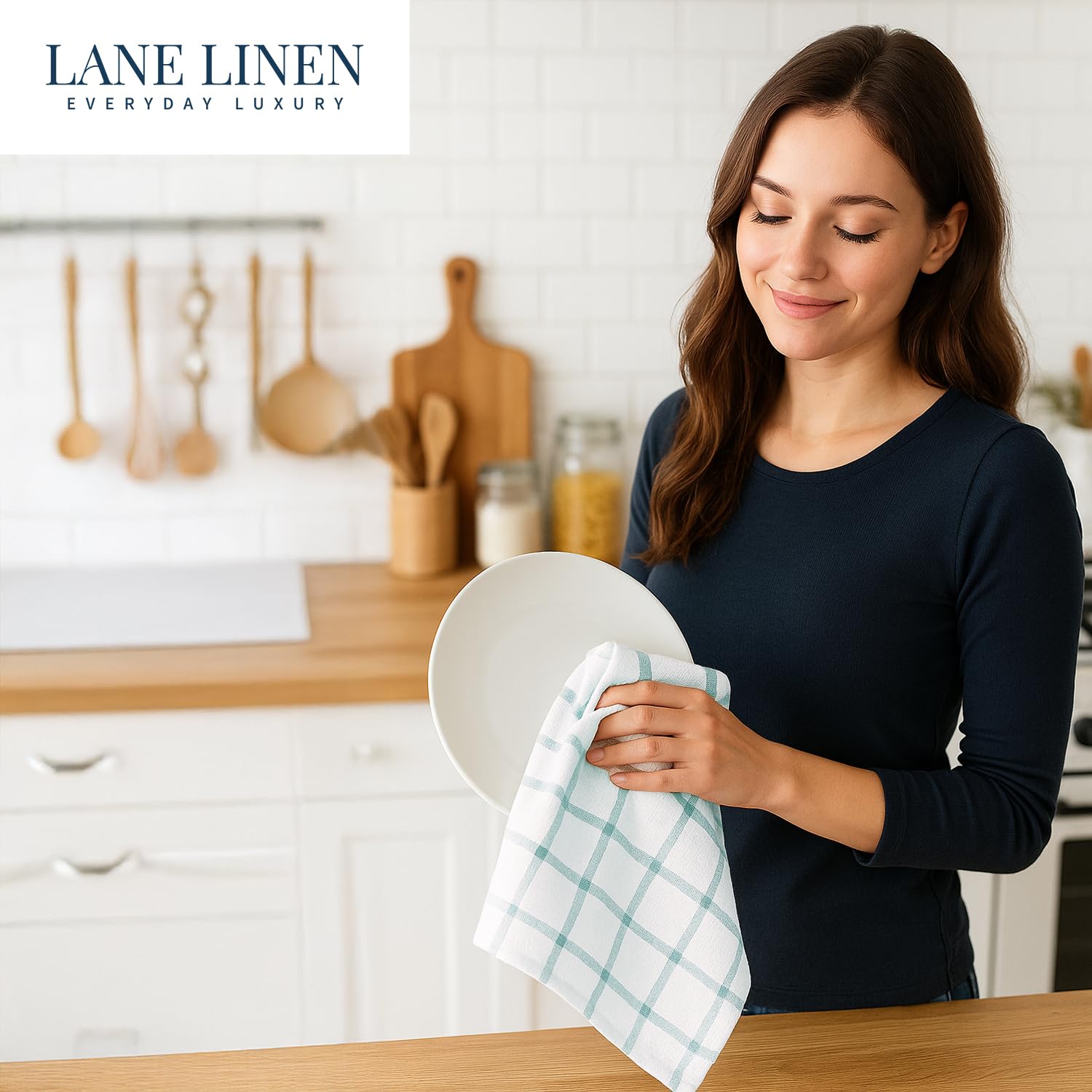 Lane Linen towels hang neatly in any kitchen