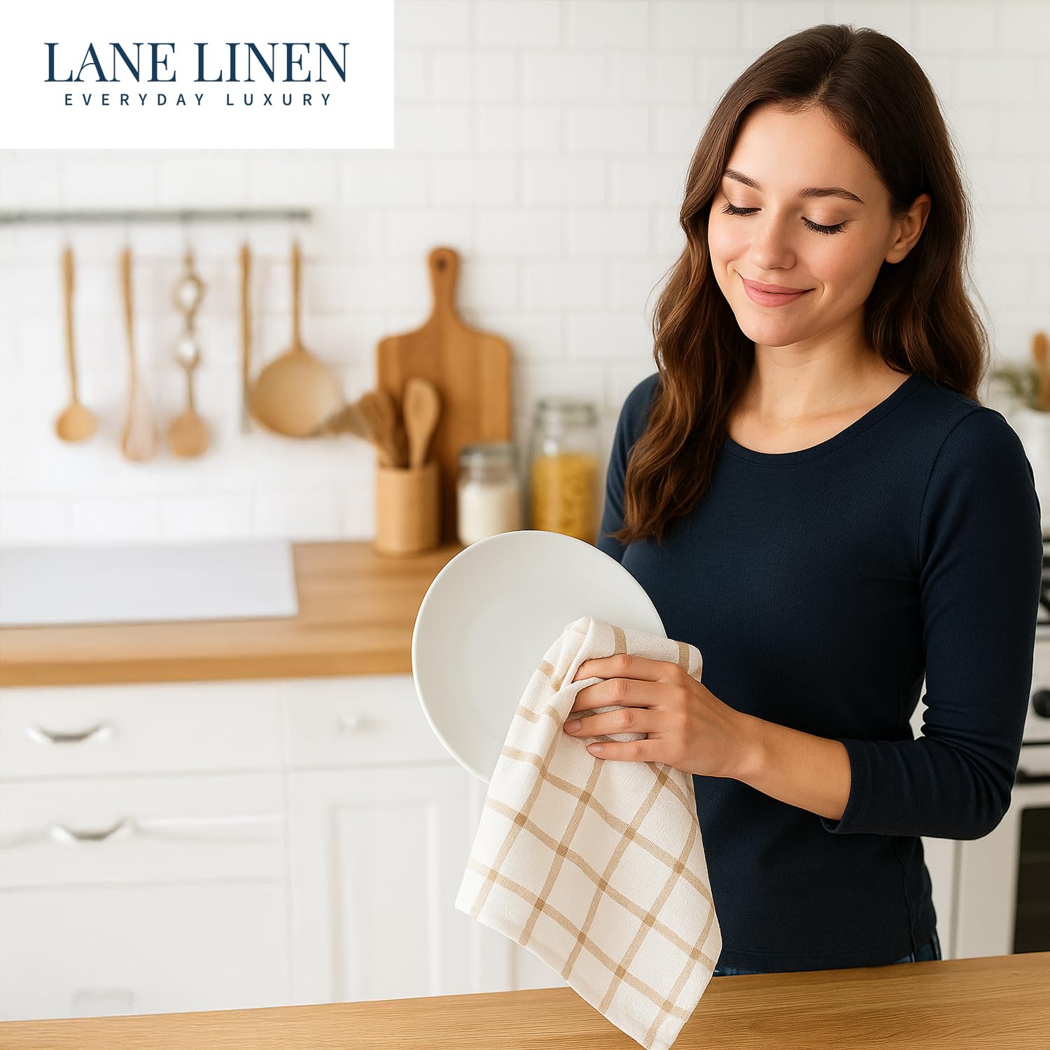 Lane Linen machine-washable towels ready for everyday kitchen use.