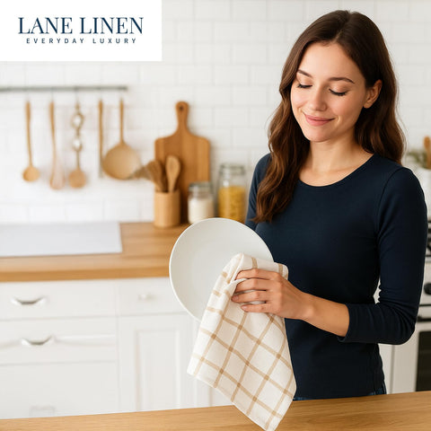 Lane Linen machine-washable towels ready for everyday kitchen use.