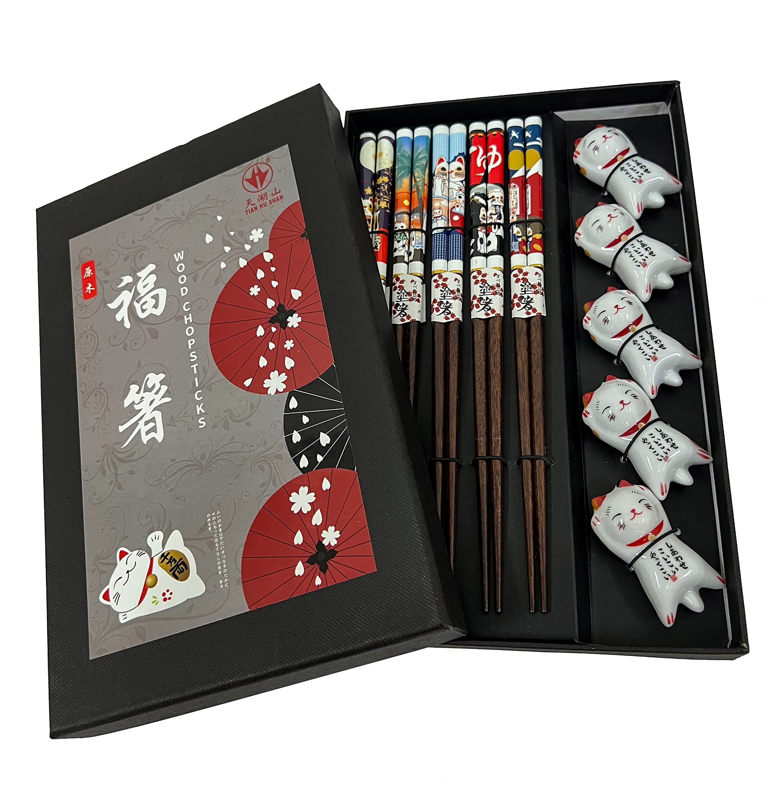 LANHUTHS wooden chopsticks gift set with five pairs and ceramic holders for entertaining.