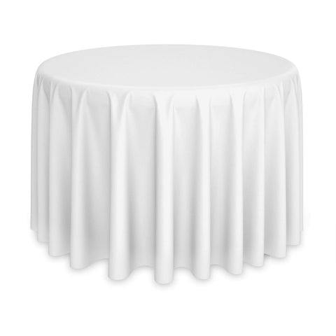 Lann's Linens 120-round tablecloth in a wedding setting with pristine white finish.