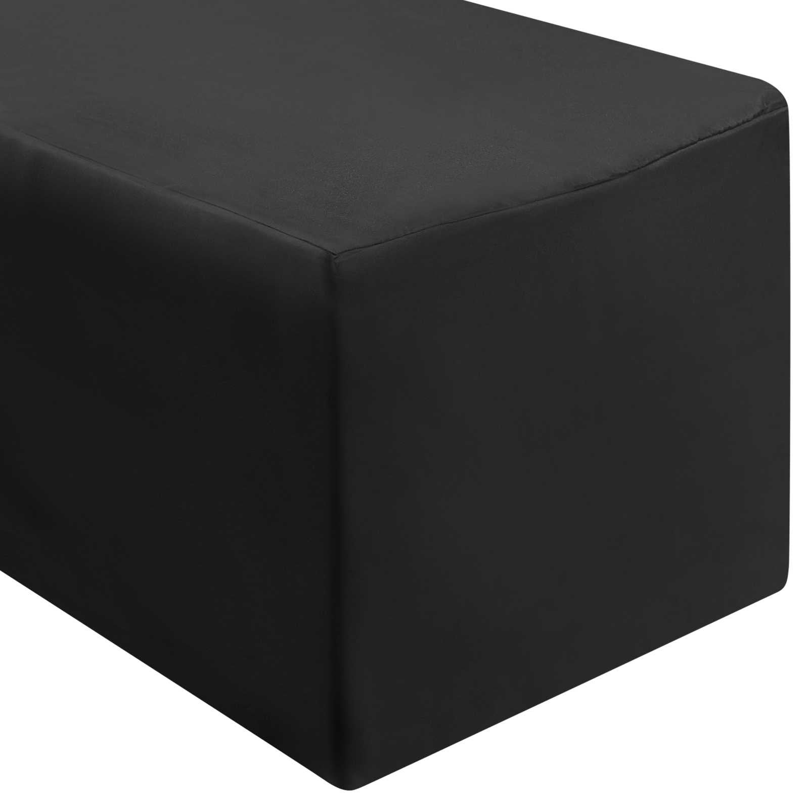 Lann's Linens 8ft fitted black tablecloth on a 96x30 table hides legs and cords.