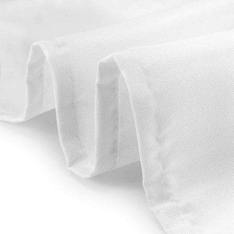Lann's Linens white tablecloth close-up showing stain-resistance and woven fabric.