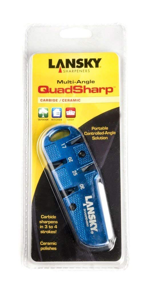 Lansky QuadSharp Blue shows ceramic benchstone for fine edge polishing