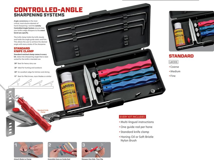 Lansky system multi-angle clamp holds blades securely for consistent angles.