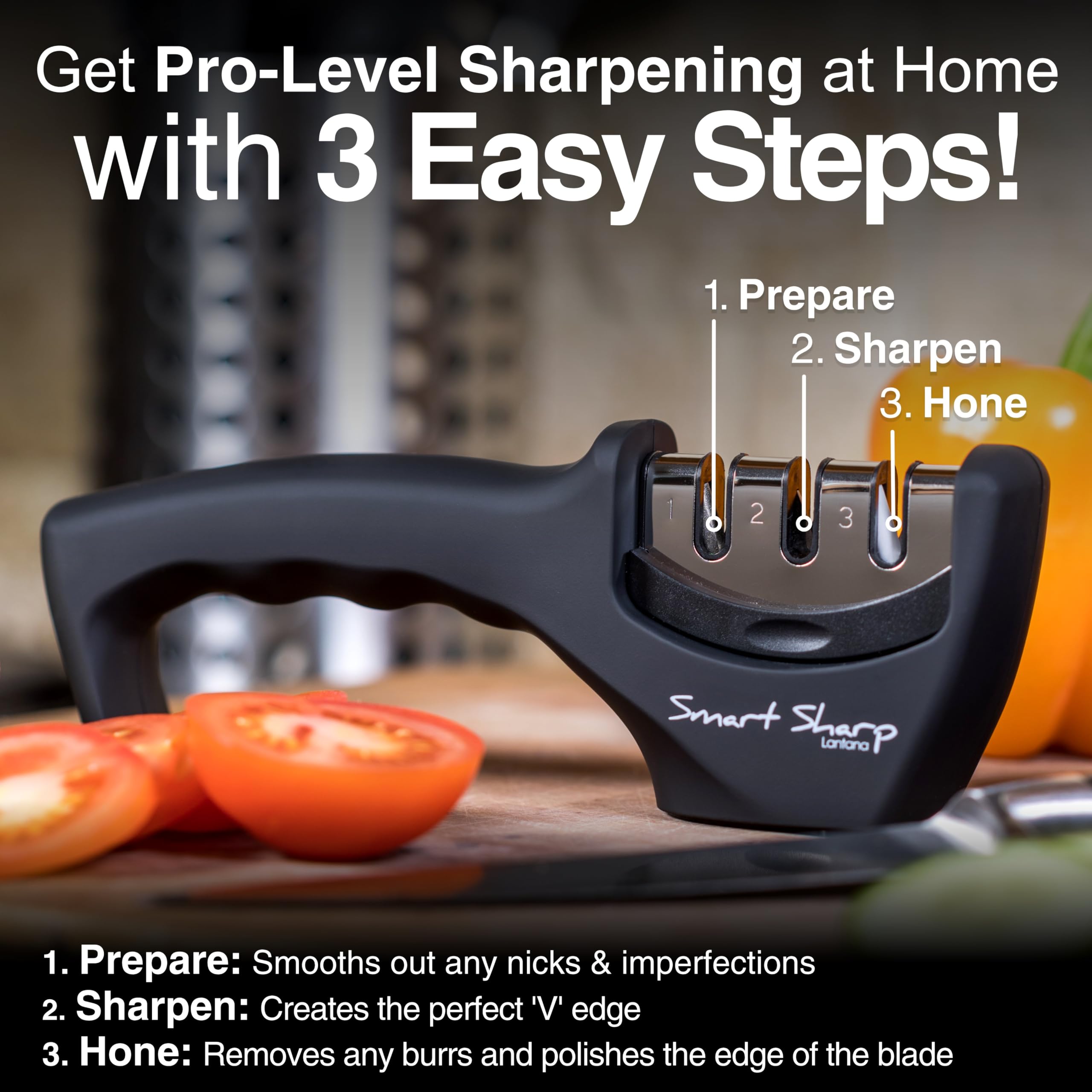 Lantana Smart Sharp ergonomic handle provides comfortable grip during sharpening.