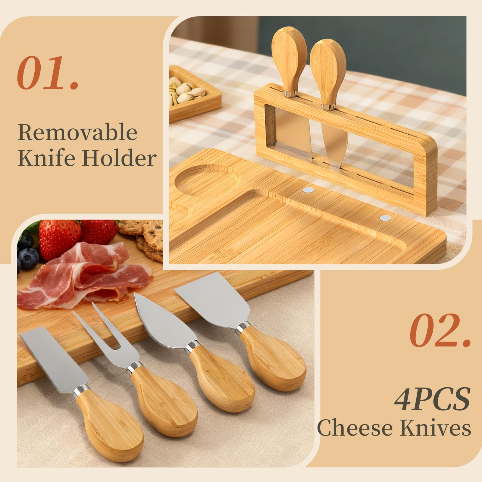 LANVIA square bamboo board presented with cheeses for gourmet serving