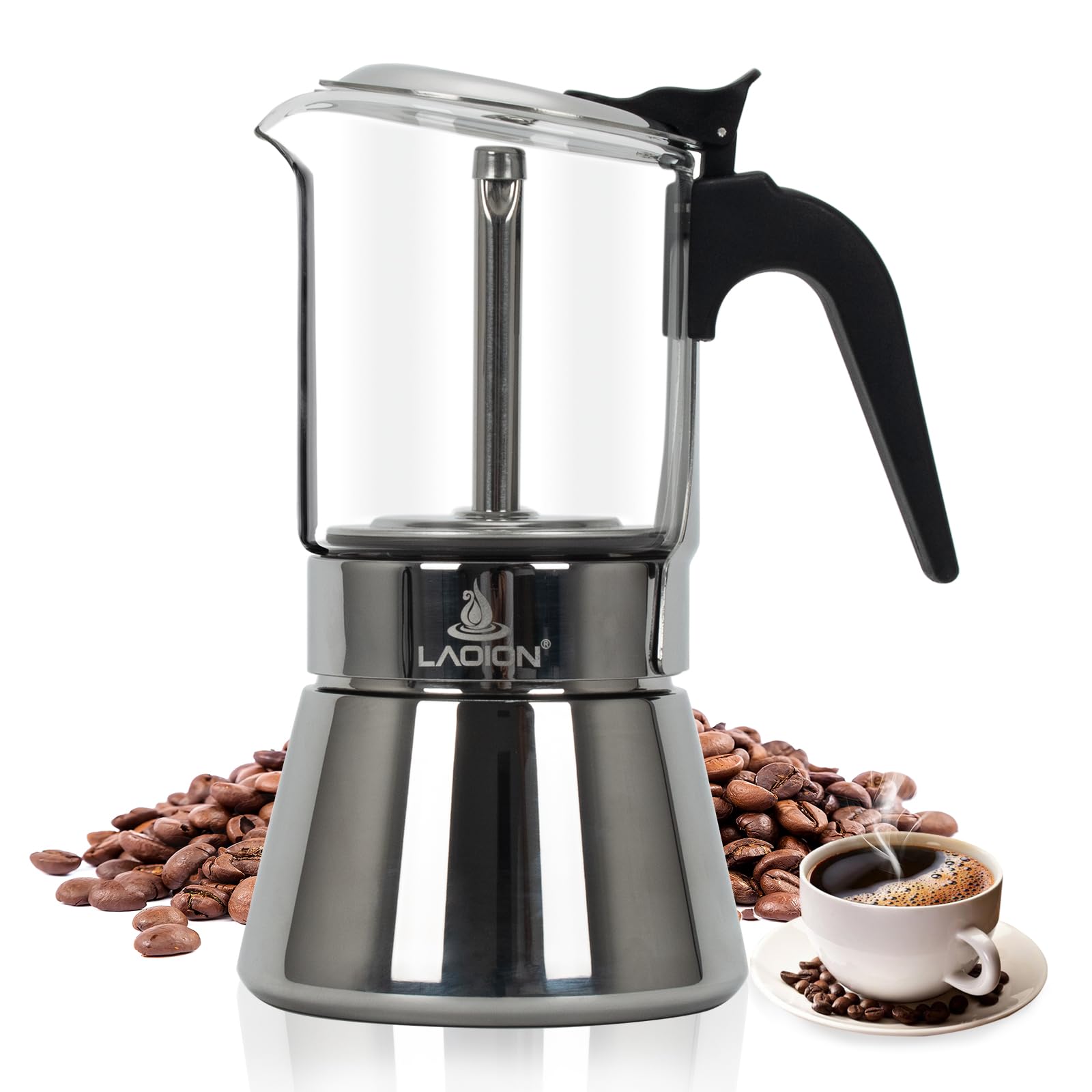 LAOION Moka Pot glass top highlights the 6-cup capacity for bold, aromatic espresso.