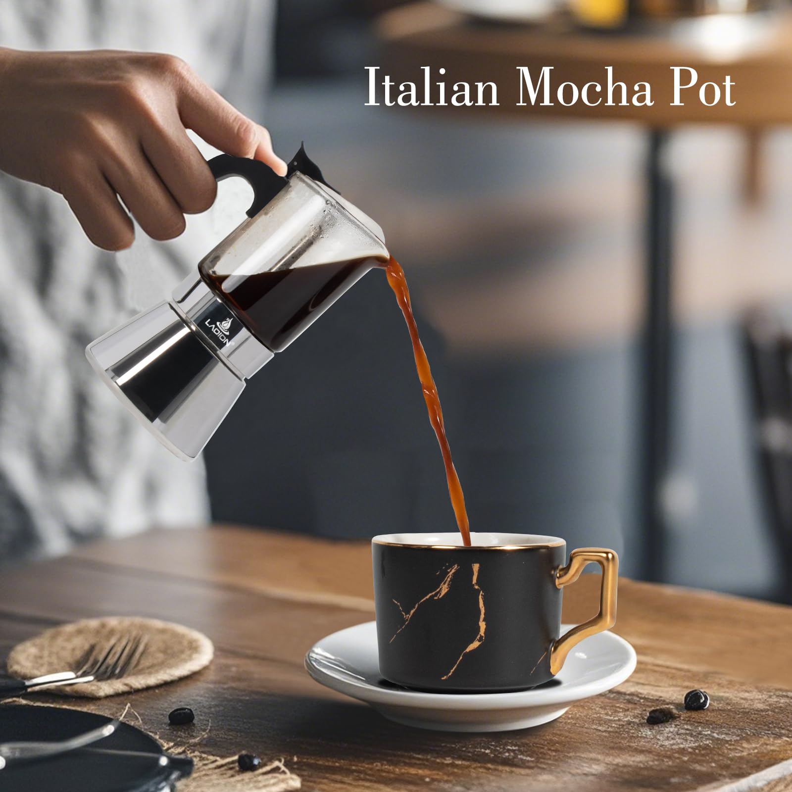 LAOION portable moka pot on a travel setup for camping or office use