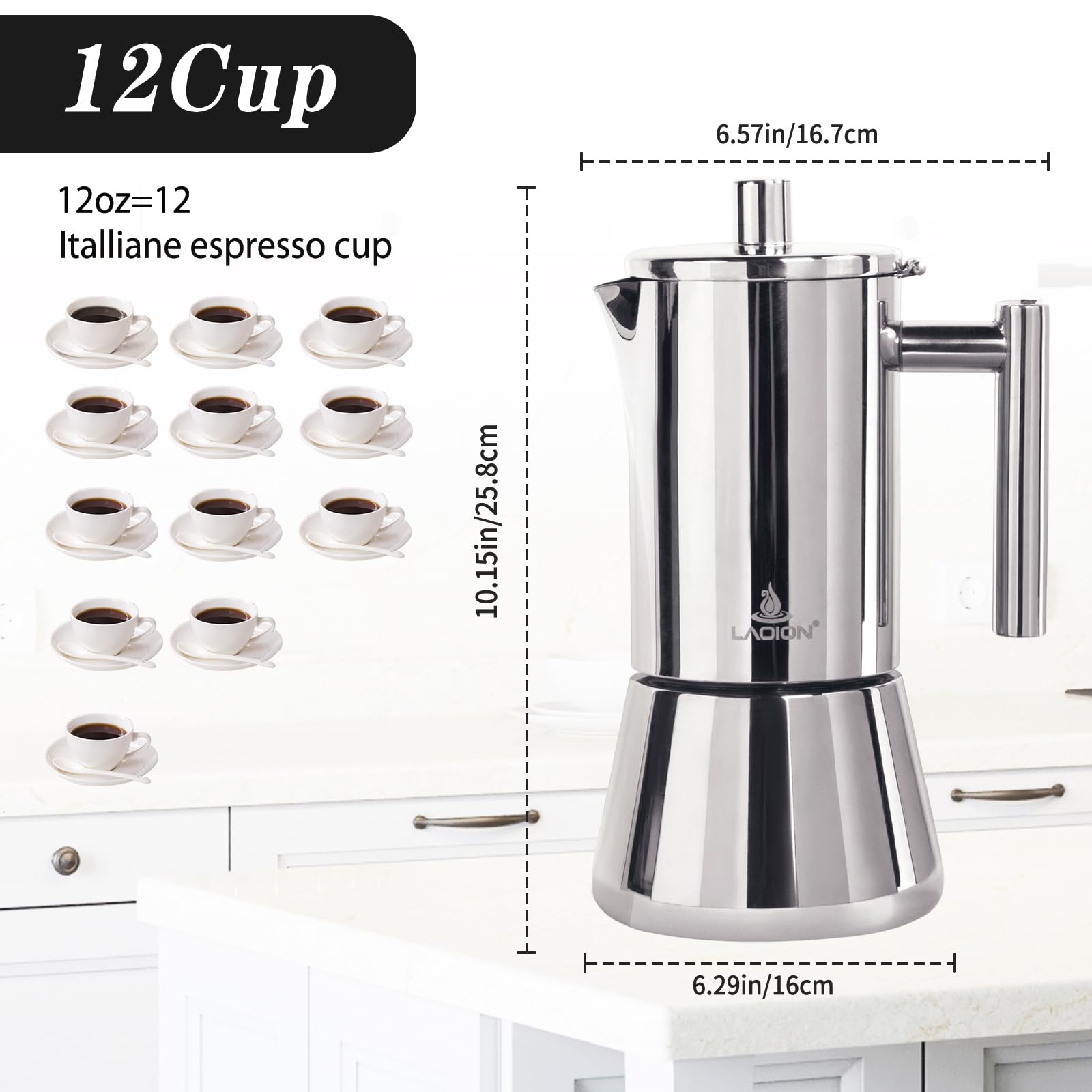 LAOION Stovetop Espresso Maker, stainless steel body, durable and stylish for daily use.