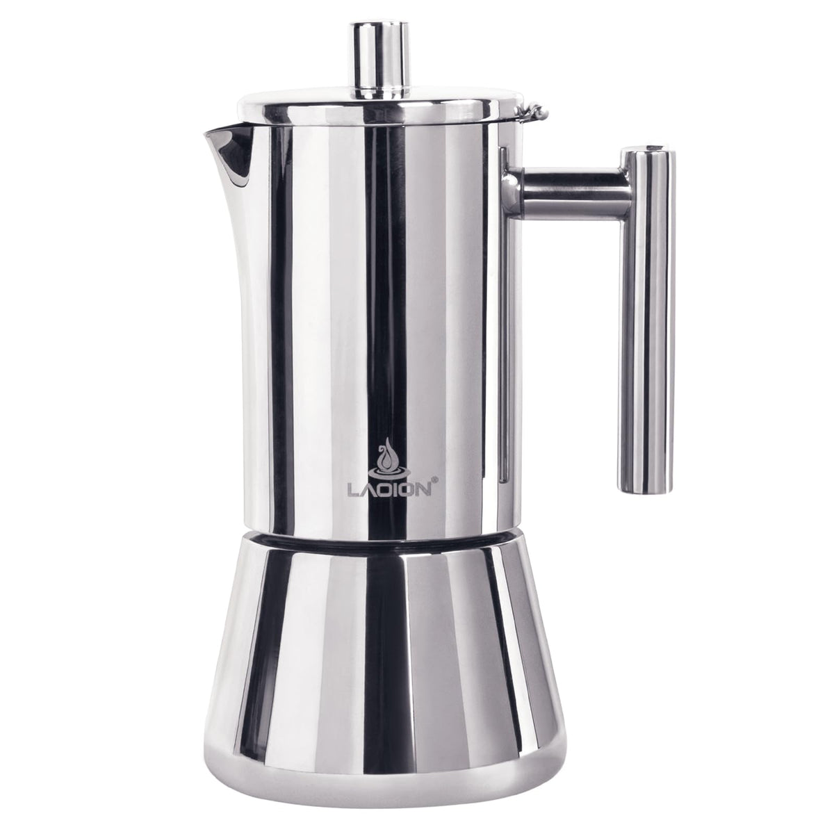 LAOION Stovetop Espresso Maker, 12-cup view, showing classic moka design for home brewing.