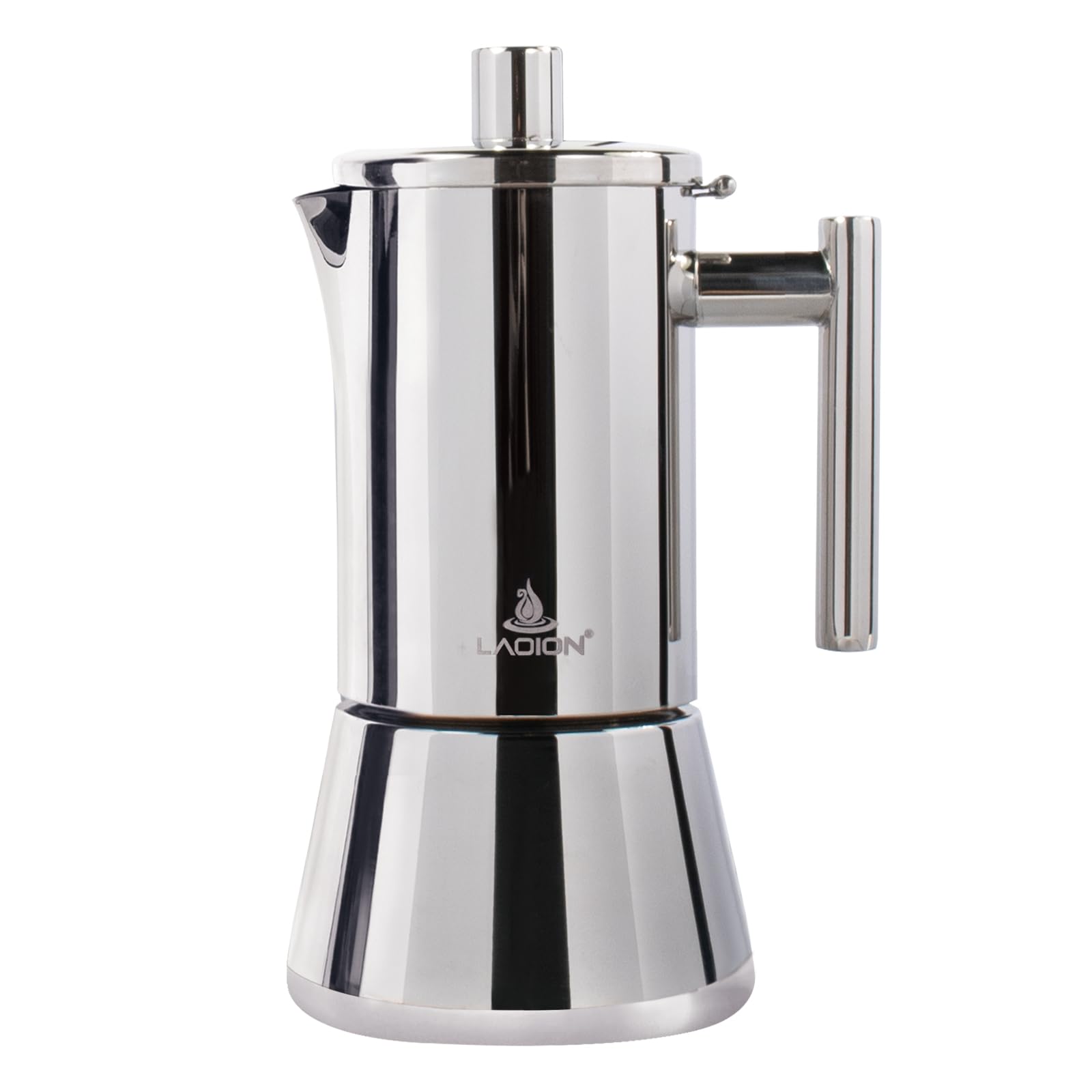 LAOION stovetop espresso maker on a burner delivering rich moka coffee.