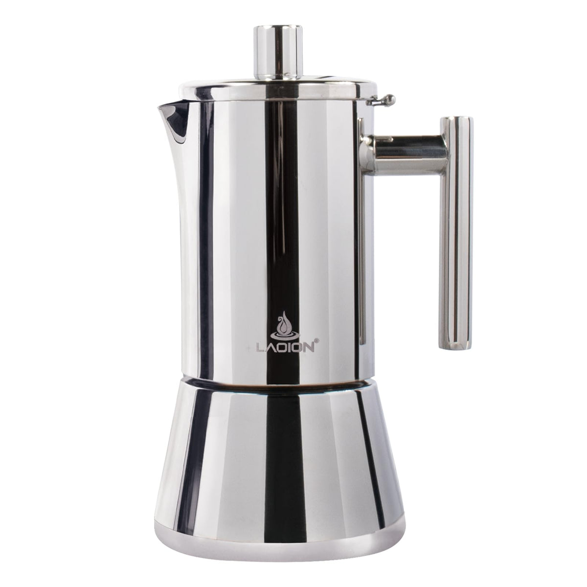LAOION stovetop espresso maker on a burner delivering rich moka coffee.