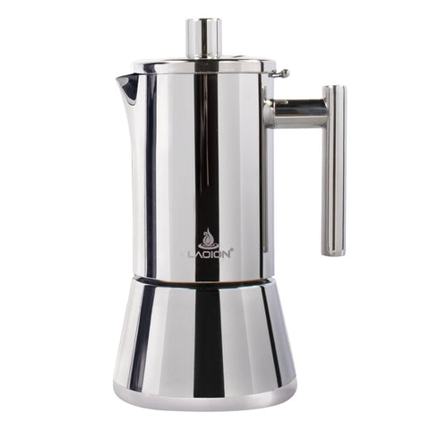 LAOION stovetop espresso maker on a burner delivering rich moka coffee.